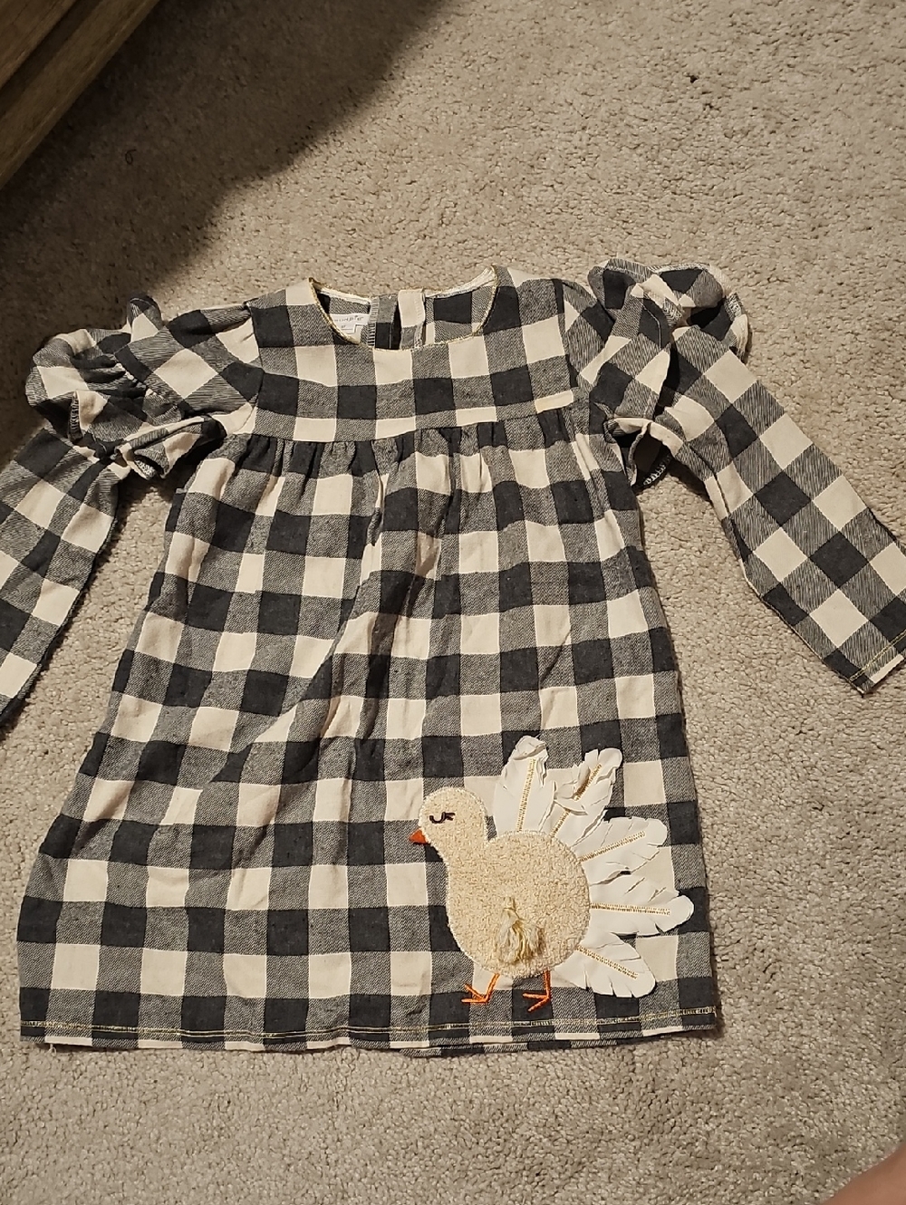 Girls Black & Cream Check Long-Sleeve Dress with Turkey Applique